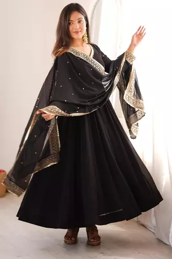 Black georgette embroidered flared gown set