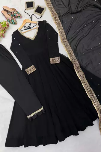 Black georgette embroidered flared gown set