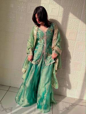 Green silk blend embroidered palazzo set 1