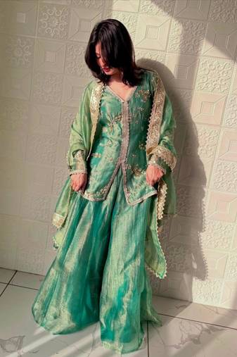 Green silk blend embroidered palazzo set