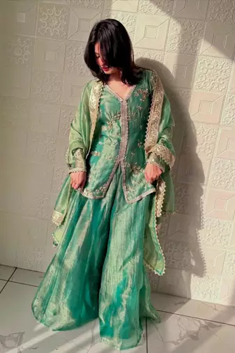 Green silk blend embroidered palazzo set