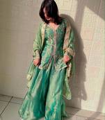 Green silk blend embroidered palazzo set