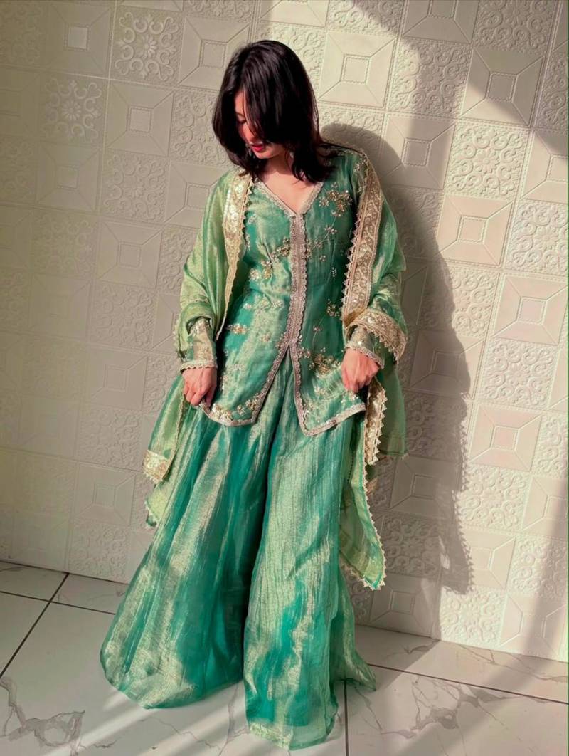 Green silk blend embroidered palazzo set
