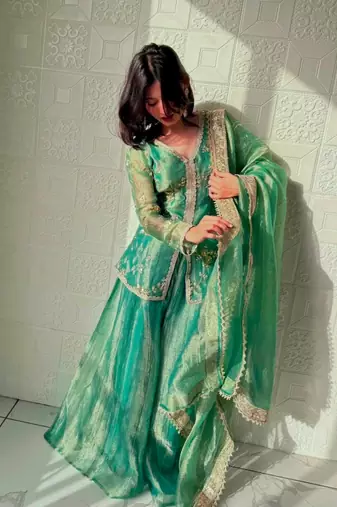 Green silk blend embroidered palazzo set