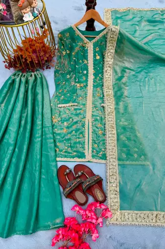 Green silk blend embroidered palazzo set