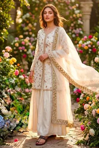 White silk blend embroidered palazzo set
