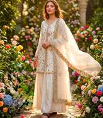 White silk blend embroidered palazzo set