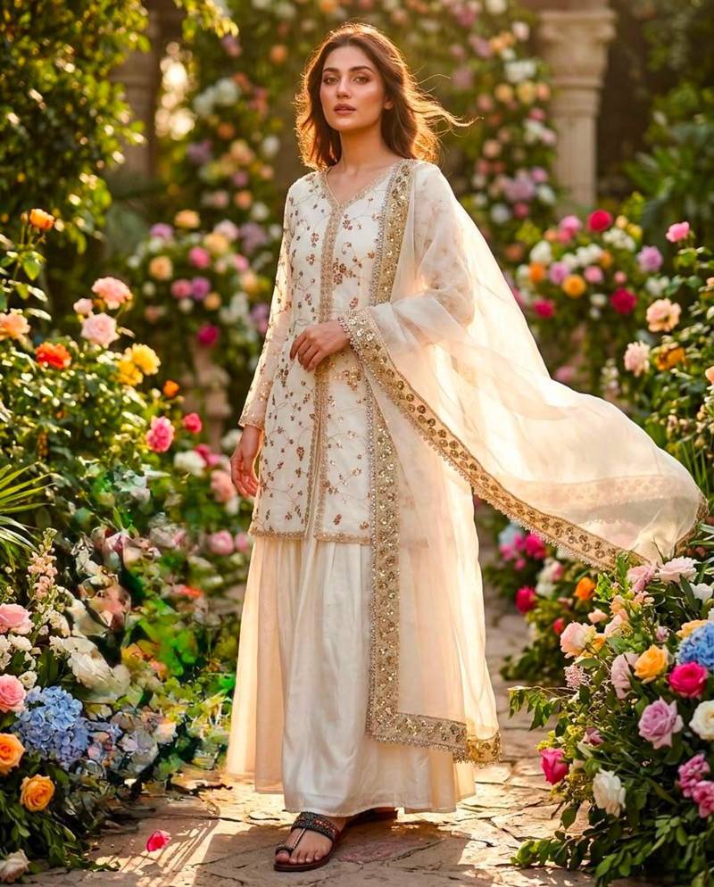 White silk blend embroidered palazzo set