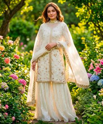 White silk blend embroidered palazzo set 3
