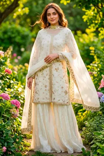 White silk blend embroidered palazzo set