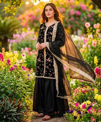 Black silk blend embroidered palazzo set 1