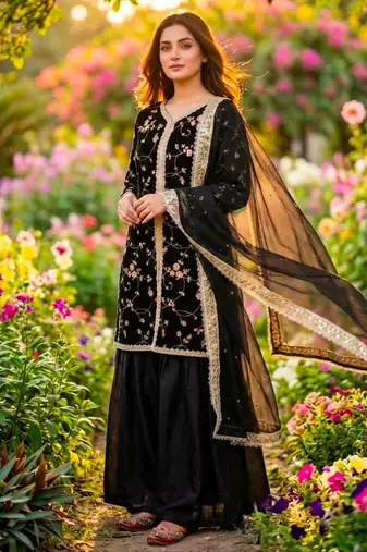 Black silk blend embroidered palazzo set