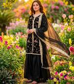 Black silk blend embroidered palazzo set