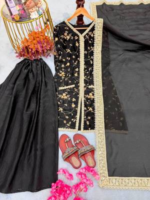 Black silk blend embroidered palazzo set 2