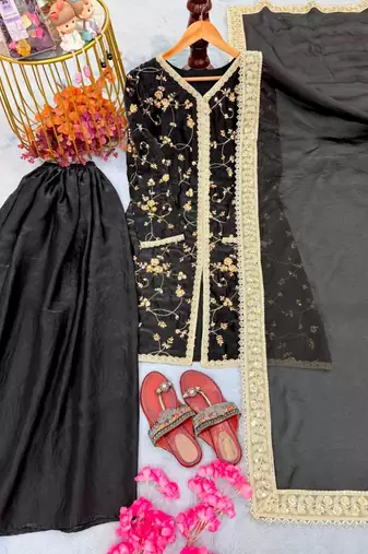 Black silk blend embroidered palazzo set