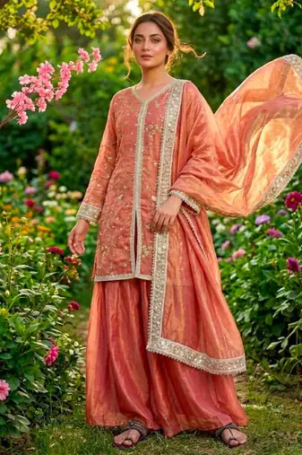 Peach silk blend embroidered palazzo set