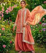 Peach silk blend embroidered palazzo set