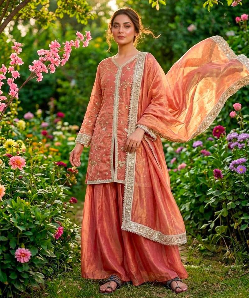 Peach silk blend embroidered palazzo set