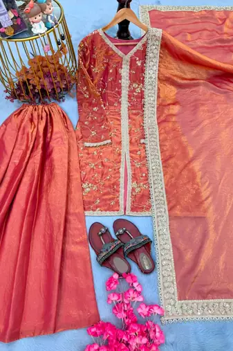 Peach silk blend embroidered palazzo set