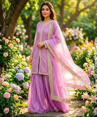Purple silk blend embroidered palazzo set 1