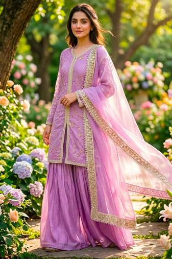 Purple silk blend embroidered palazzo set