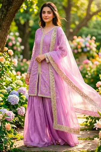 Purple silk blend embroidered palazzo set