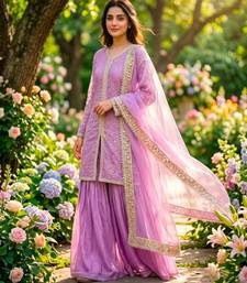 Purple silk blend embroidered palazzo set
