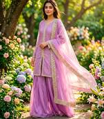Purple silk blend embroidered palazzo set