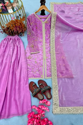 Purple silk blend embroidered palazzo set