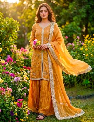 Dark-yellow silk blend embroidered palazzo set 1
