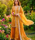 Dark-yellow silk blend embroidered palazzo set