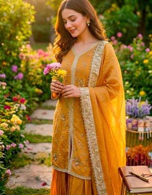 Dark-yellow silk blend embroidered palazzo set 3