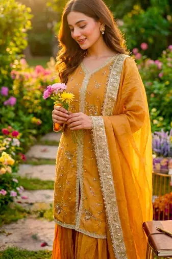Dark-yellow silk blend embroidered palazzo set