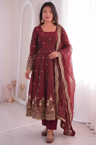 Maroon silk blend embroidered flared gown set