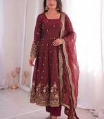 Maroon silk blend embroidered flared gown set