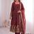 Maroon silk blend embroidered flared gown set