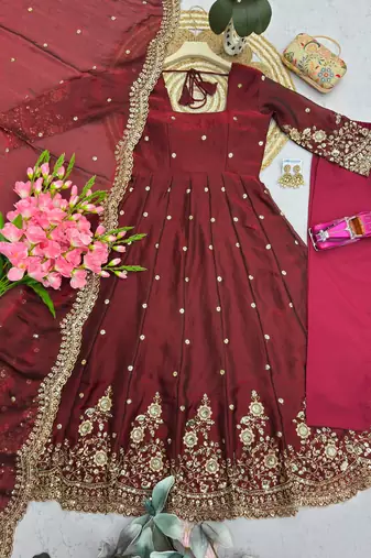 Maroon silk blend embroidered flared gown set
