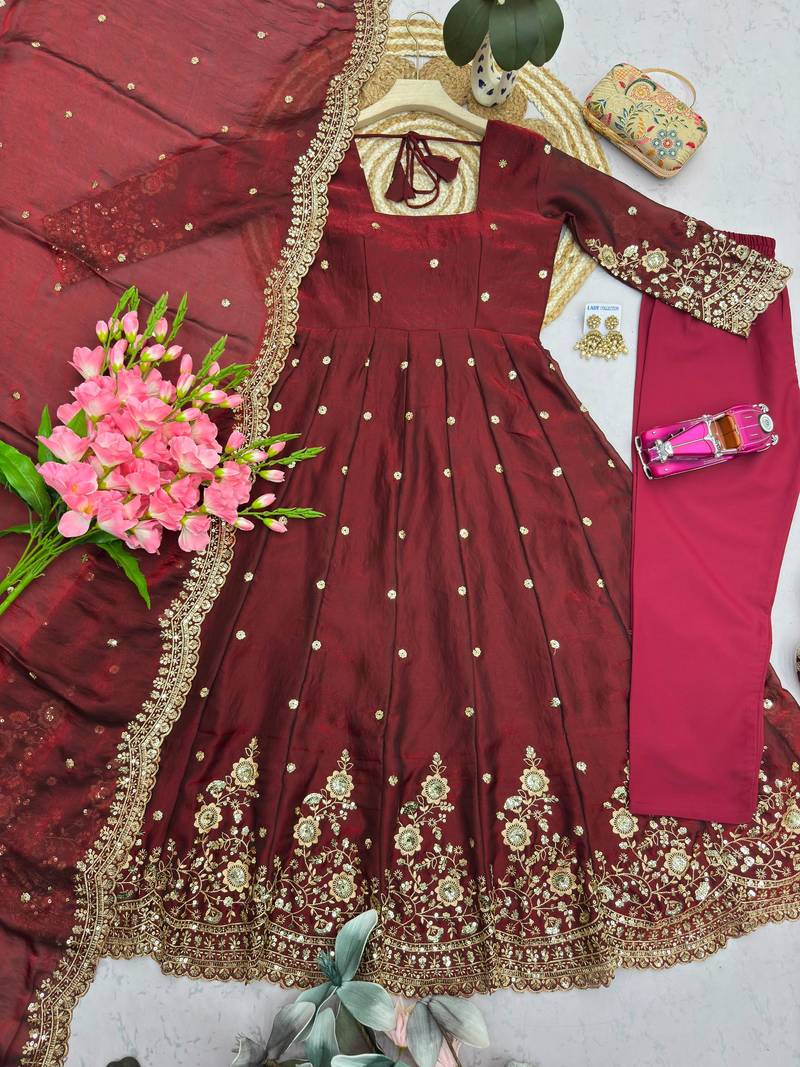Maroon silk blend embroidered flared gown set