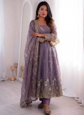 Lavender silk blend embroidered flared gown set 1