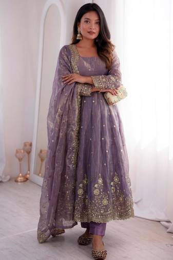 Lavender silk blend embroidered flared gown set