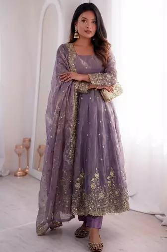 Lavender silk blend embroidered flared gown set