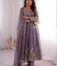 Lavender silk blend embroidered flared gown set