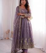 Lavender silk blend embroidered flared gown set