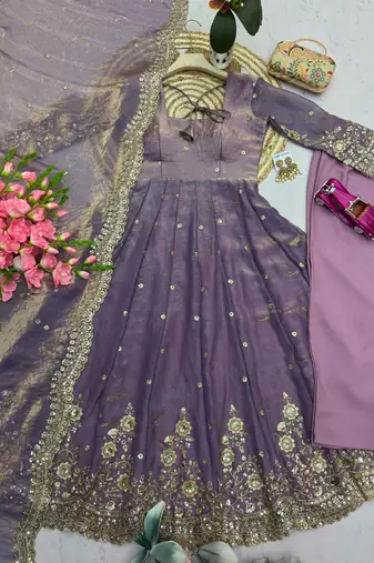 Lavender silk blend embroidered flared gown set