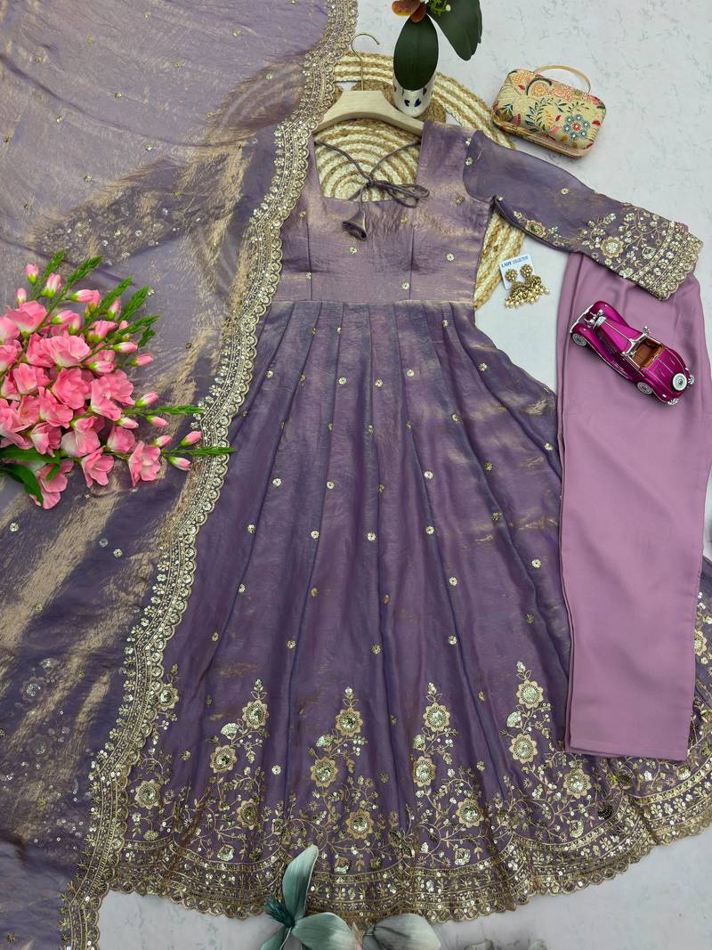 Lavender silk blend embroidered flared gown set