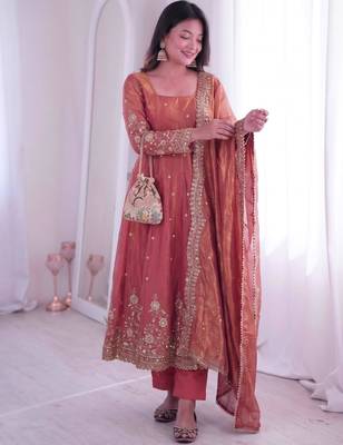 Champagne silk blend embroidered flared gown set 1
