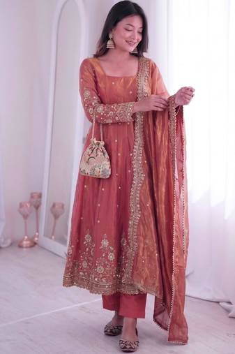 Champagne silk blend embroidered flared gown set