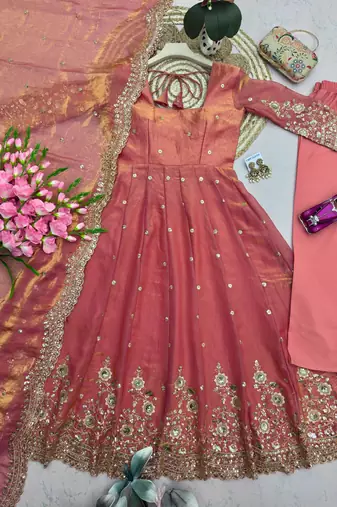 Champagne silk blend embroidered flared gown set