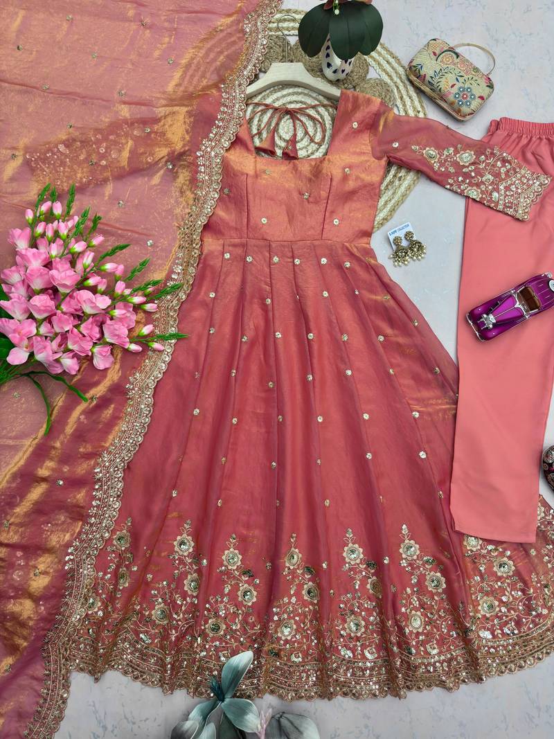 Champagne silk blend embroidered flared gown set