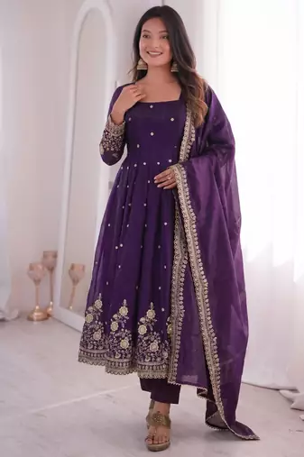 Purple silk blend embroidered flared gown set
